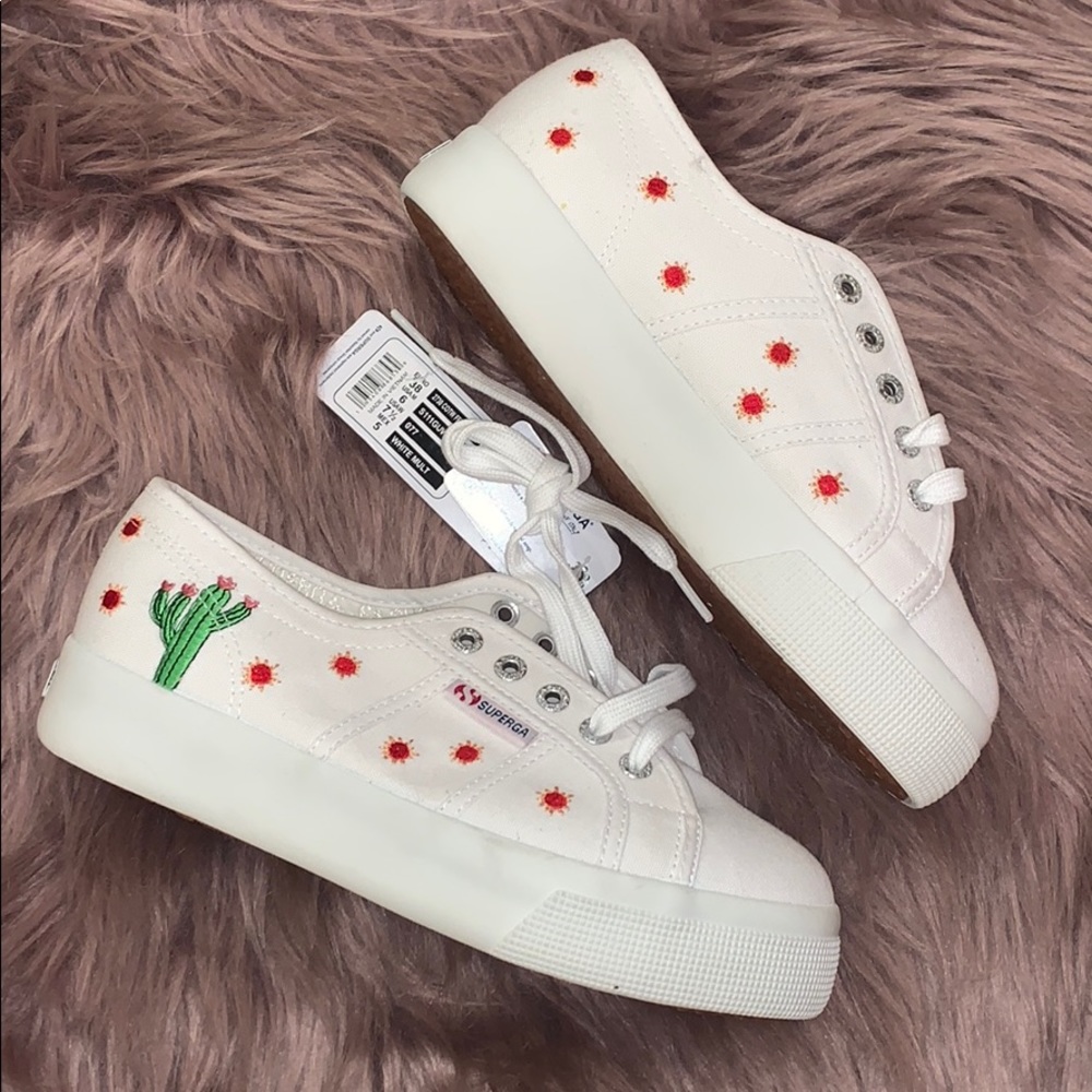 Superga White Platform Embroidered Sneakers